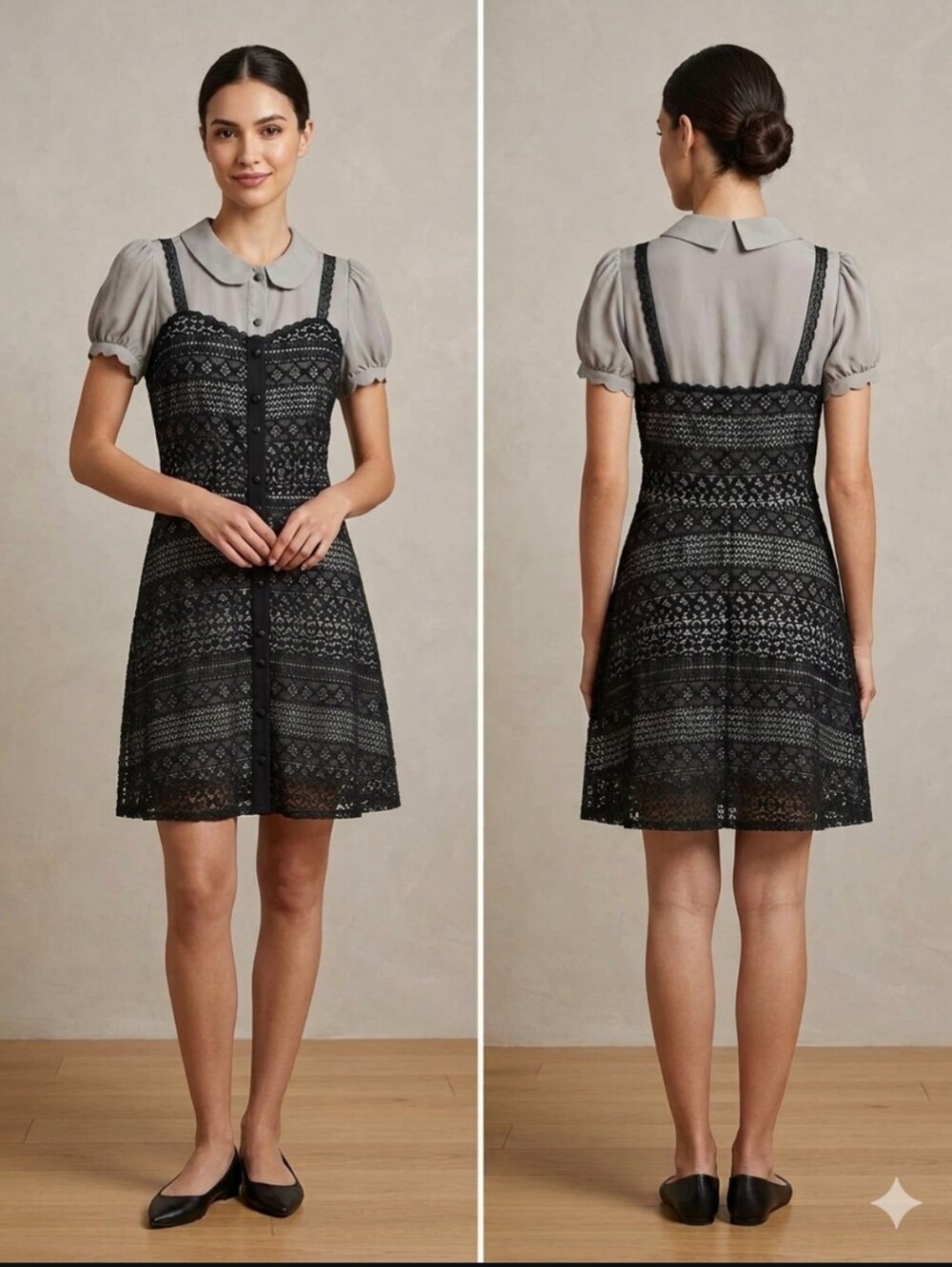 Betsey Johnson Dress Black Gray Fit & Flare Silk Lace Peter Pan Collar S/4 *GUC